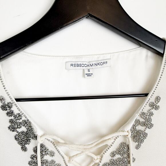 Rebecca Minkoff 100% Silk Chiffon Beaded Lace-Up VNeck Blouse White - S - Picture 3 of 9